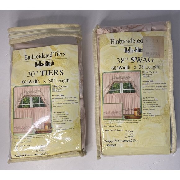 Curtains Blush Pink Embroidered Floral Swags Cottagecore Farmhouse Midcentury - Picture 11 of 12